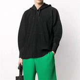Miyake Pleated Men Top Coat Loose One Buttoned Drawstring Pullover Casual Hooded Pullover Sweatshirt Men